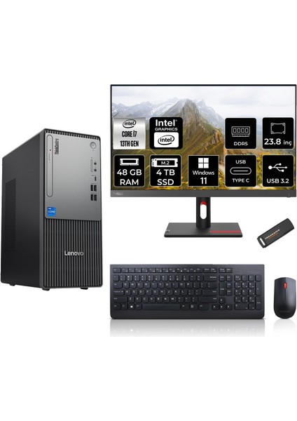 Thinkcentre Neo 50T Gen 5 Intel Core I7 13700 48GB 4tb SSD 23.8" Fhd Monitör W11P Masaüstü Bilgisayar & Per4 USB Bellek 12UB000LTRMNT410
