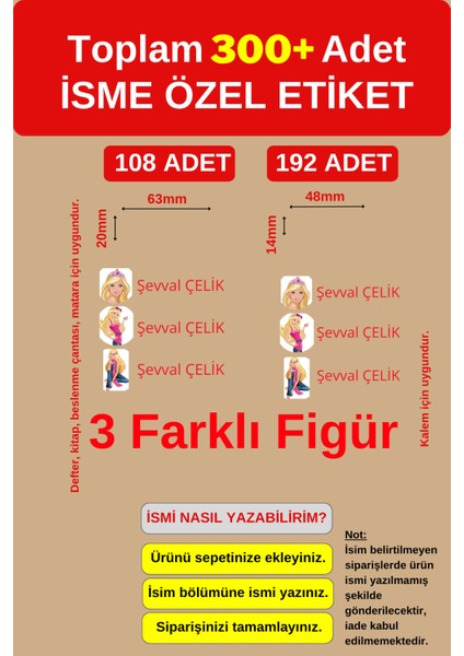 300 Adet Barbie Okul Etiketi Kişiye Özel Isme Özel Kalem Etiketi Defter Etiketi Kitap Etiketi