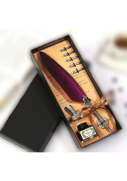 Tüy Divit Antik Kaligrafi Kalem Mürekkep Seti ve 5 Farklı Uç 27 cm Bordo indirimleri