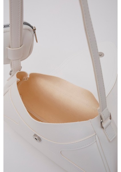 Beyaz Shk96 Suni Deri Tek Bölmeli Cüzdanlı Kol ve Omuz Çantası