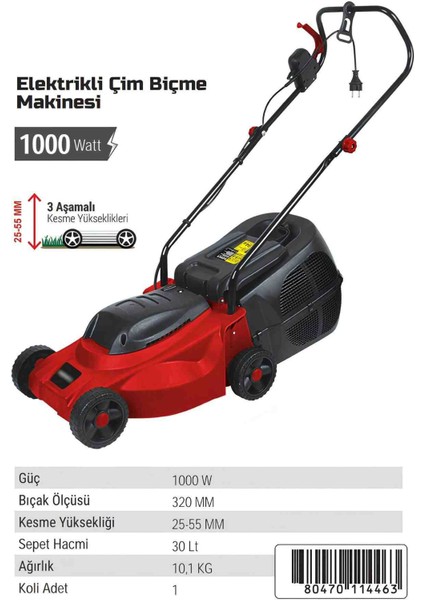 Elektrikli Çim Biçme Makinesi Bahçe Ev Ot Temizleme Kesme Yüksekliği 25-55 Mm,