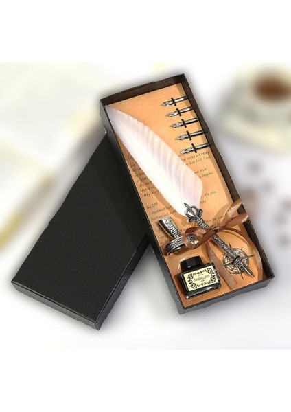 Tüy Divit Antik Kaligrafi Kalem Mürekkep Seti ve 5 Farklı Uç 27 cm Beyaz fırsatları