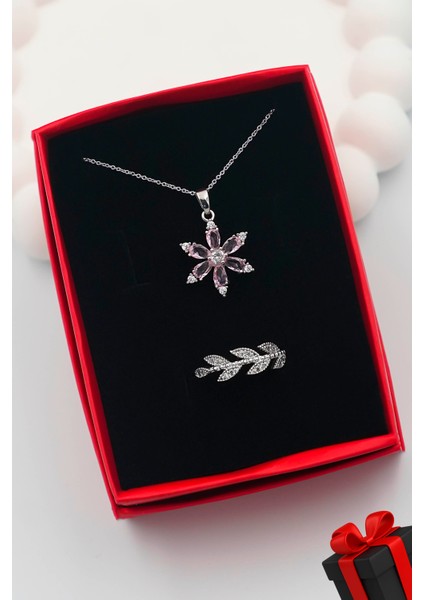 Zirkon Taşlı Pembe Lotus Çiçeği Model Kadın Kolye ve Taşlı Yüzük Set