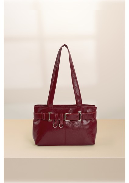 Bordo SHK233 Kırışık Dokulu Suni Deri Fermuarlı Tek Bölmeli Kemer Detaylı El, Kol ve Omuz Çantası