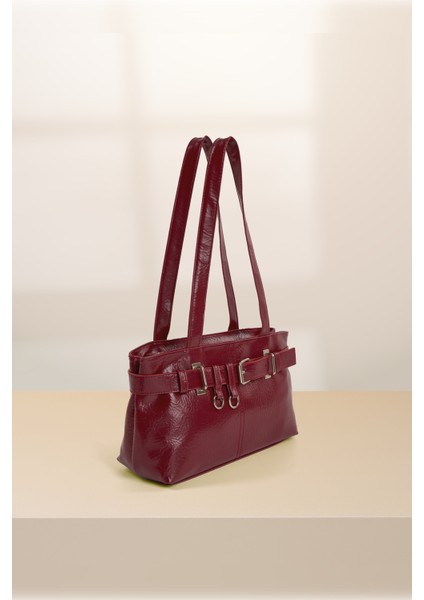 Bordo SHK233 Kırışık Dokulu Suni Deri Fermuarlı Tek Bölmeli Kemer Detaylı El, Kol ve Omuz Çantası fiyatları