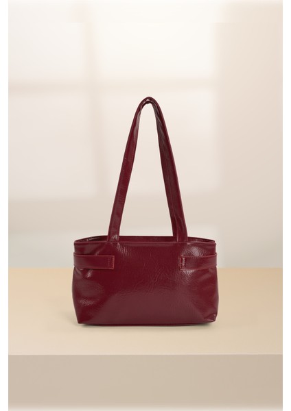 Bordo SHK233 Kırışık Dokulu Suni Deri Fermuarlı Tek Bölmeli Kemer Detaylı El, Kol ve Omuz Çantası modelleri