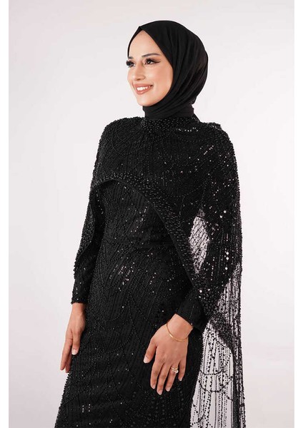 Pelerinli Taşlı Abiye 7095-K Siyah modelleri