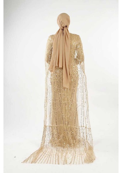 Pelerinli Taşlı Abiye 7095-K Gold