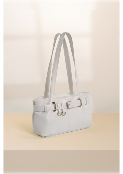 Beyaz SHK233 Kırışık Dokulu Suni Deri Fermuarlı Tek Bölmeli Kemer Detaylı El, Kol ve Omuz Çantası fiyatları