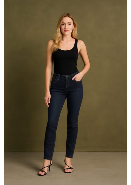 Kadın Likralı Straight Jean Pantolon Lacivert