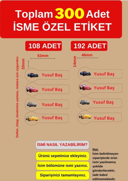300 Adet Mcqueen ve Arkadaşları Okul Etiketi Kişiye Özel Isme Özel Kalem Defter Kitap Etiketi