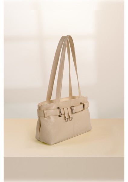 Krem SHK233 Kırışık Dokulu Suni Deri Fermuarlı Tek Bölmeli Kemer Detaylı El, Kol ve Omuz Çantası fiyatları