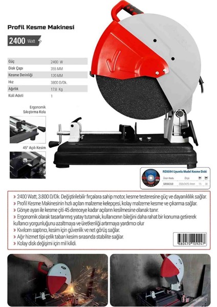 İyisi Yok Elektrikli Profil Kesme Metal Kesim Makinesi 355 mm 2400W