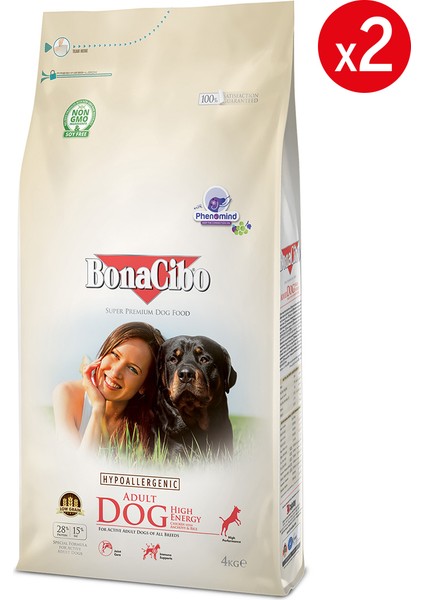 Adult Dog Yüksek Enerjili Yetişkin Köpek Maması, 4 kg x 2 Adet, Tüm Irklar Için, Doğal, Şekersiz