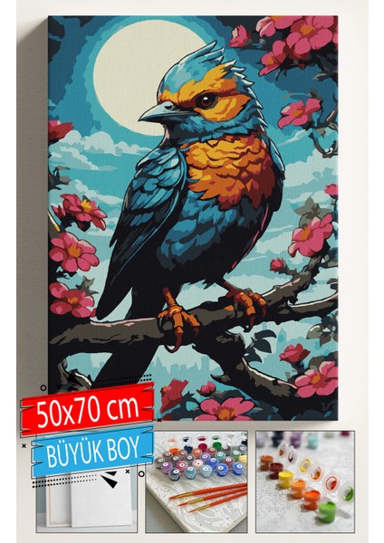 Sayılarla Boyama Seti Numaralı Tuval Fırça Boya Dahil Kasnaklı Set 50X70 cm - Çiçekli Kuş