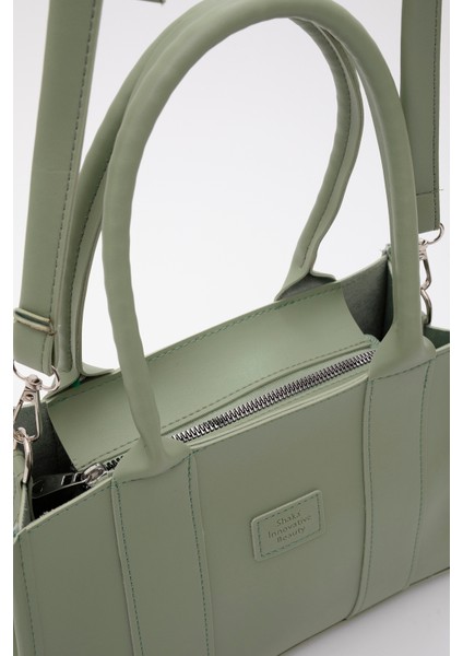 Yeşil Shk83 Deri Tek Bölmeli Fermuarlı Çift Askılı El, Kol Ve Omuz Çantası U:17 E:27 G:10