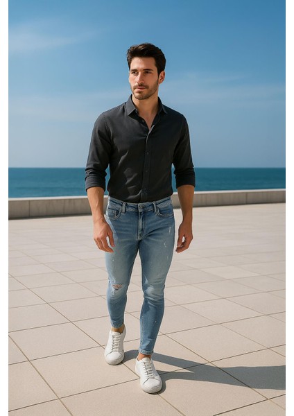 Erkek Skinny Ripped Jean Açık Mavi