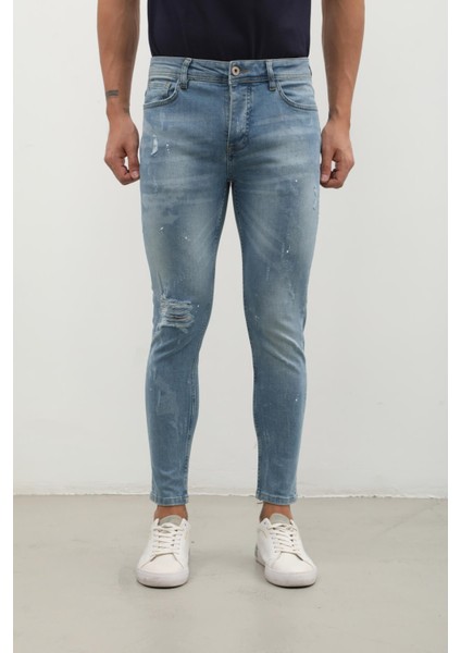 Erkek Skinny Ripped Jean Açık Mavi