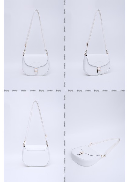 Beyaz SHK17 Suni Deri, Tek Bölmeli, Çıtçıt Kapama, Ayarlanabilir Askılı,el, Kol ve Omuz Çantası