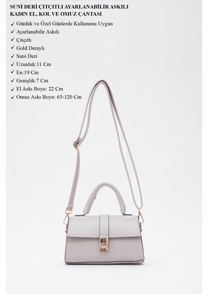 Gri SHK109 Suni Deri Çıtçıtlı Ayarlanabilir Askılı Kadın El, Kol ve Omuz Çantası U:11 E:19 G:7 cm modelleri