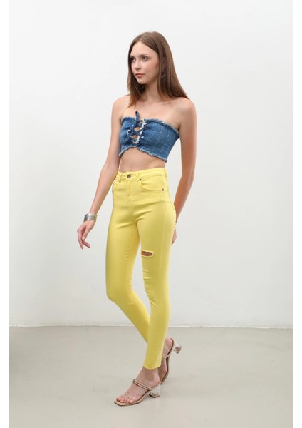 Kadın Yırtık Detaylı Jean Pantolon Sarı fırsatları