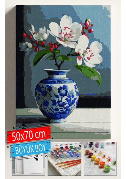 Sayılarla Boyama Seti Numaralı Tuval Fırça Boya Dahil Kasnaklı Set 50X70 cm - Kiraz Vazo 2