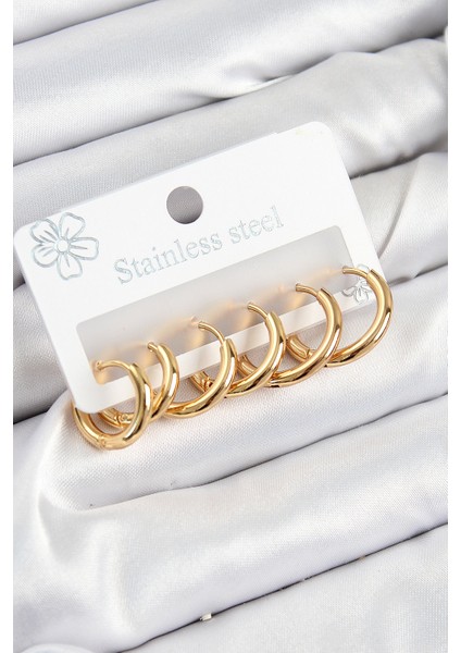 316L Çelik Halka Model Gold Renk 3'lü Set Kadın Küpe