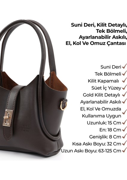 Kahve Rengi Shk187 Suni Deri Kilit Detaylı Ayarlabilir Askılı El,Kol ve Omuz Çantası