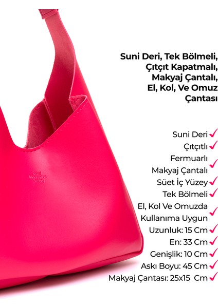 Fuşya SHK19 Suni Deri, Çıtçıtlı, Tek Bölmeli, Fermuarlı Makyaj Çantalı, El, Kol ve Omuz Çantası