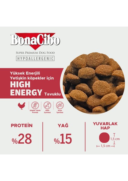 Adult Dog Yüksek Enerjili Yetişkin Köpek Maması, 15 Kg, Tüm Irklar Için, Doğal, Şekersiz fırsatları