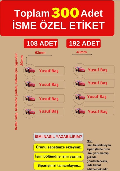 300 Adet Mcqueen Okul Etiketi Kişiye Özel Isme Özel Kalem Etiketi Defter Etiketi Kitap Etiketi modelleri