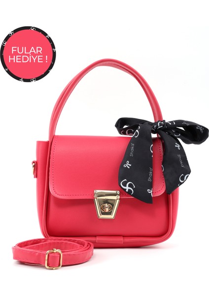 Fuşya SHK235 Suni Deri Tek Bölmeli Fular Hediyeli El Kol ve Omuz Çantası