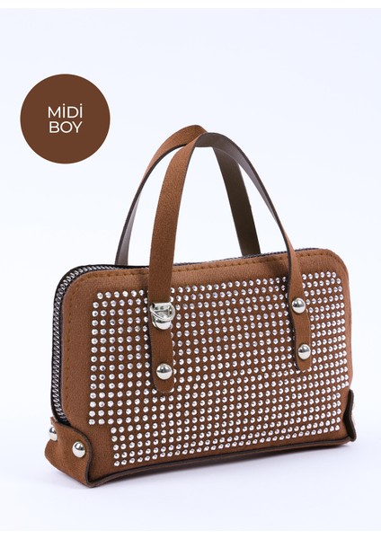 Kahve Rengi SHK223 Süet Kumaş Taşlı Mini Boy Fermuarlı Tek Bölmeli Zincirli El. Kol ve Omuz Çantası fiyatları