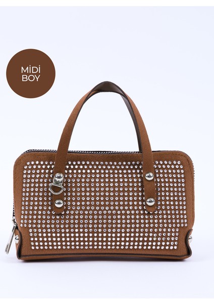 Kahve Rengi SHK223 Süet Kumaş Taşlı Mini Boy Fermuarlı Tek Bölmeli Zincirli El. Kol ve Omuz Çantası modelleri