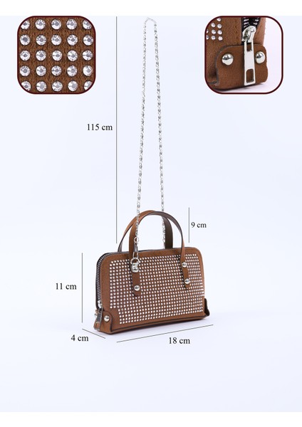Kahve Rengi SHK223 Süet Kumaş Taşlı Mini Boy Fermuarlı Tek Bölmeli Zincirli El. Kol ve Omuz Çantası fırsatları