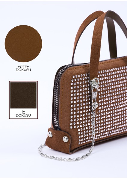 Kahve Rengi SHK223 Süet Kumaş Taşlı Mini Boy Fermuarlı Tek Bölmeli Zincirli El. Kol ve Omuz Çantası indirimleri