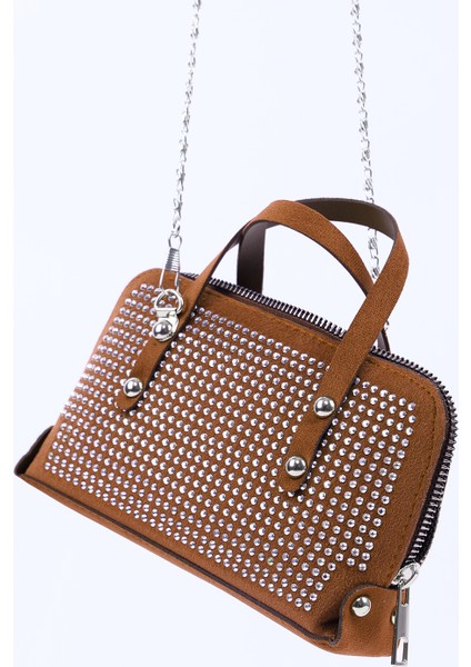 Kahve Rengi SHK223 Süet Kumaş Taşlı Mini Boy Fermuarlı Tek Bölmeli Zincirli El. Kol ve Omuz Çantası