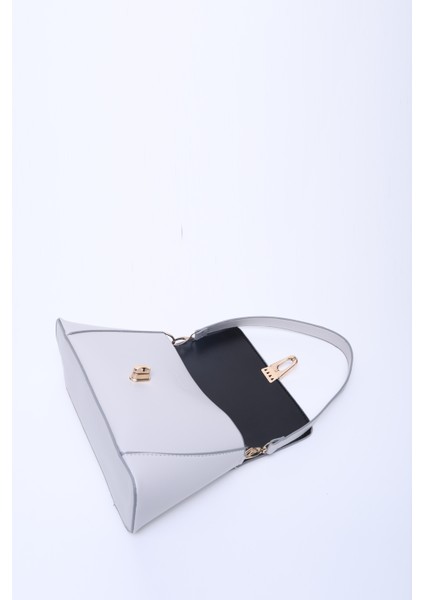 Gri SHK153 Suni Deri Kilit Detaylı Standart Askılı Tek Bölmeli El, Kol ve Omuz Çantası U:15 E:29 G:9 cm