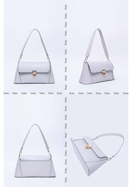 Gri SHK153 Suni Deri Kilit Detaylı Standart Askılı Tek Bölmeli El, Kol ve Omuz Çantası U:15 E:29 G:9 cm