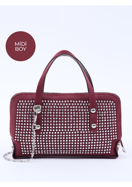 Bordo SHK223 Süet Kumaş Taşlı Mini Boy Fermuarlı Tek Bölmeli Zincirli El. Kol ve Omuz Çantası