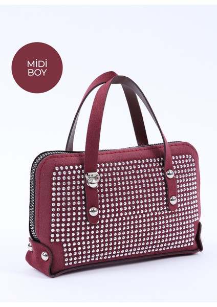 Bordo SHK223 Süet Kumaş Taşlı Mini Boy Fermuarlı Tek Bölmeli Zincirli El. Kol ve Omuz Çantası fiyatları