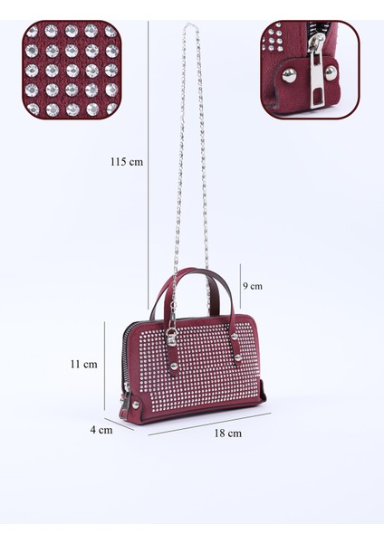 Bordo SHK223 Süet Kumaş Taşlı Mini Boy Fermuarlı Tek Bölmeli Zincirli El. Kol ve Omuz Çantası fırsatları