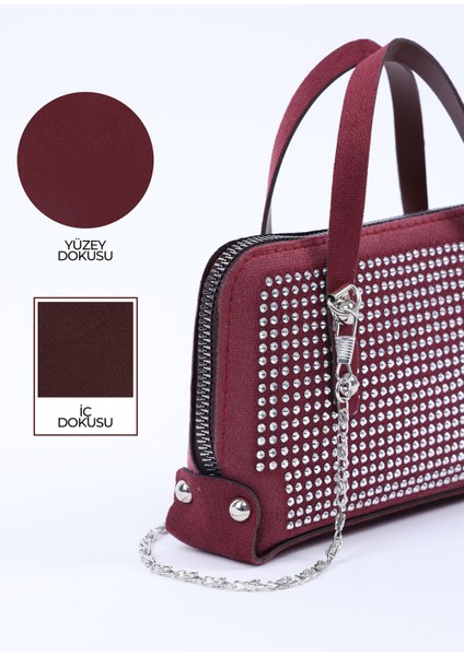 Bordo SHK223 Süet Kumaş Taşlı Mini Boy Fermuarlı Tek Bölmeli Zincirli El. Kol ve Omuz Çantası indirimleri