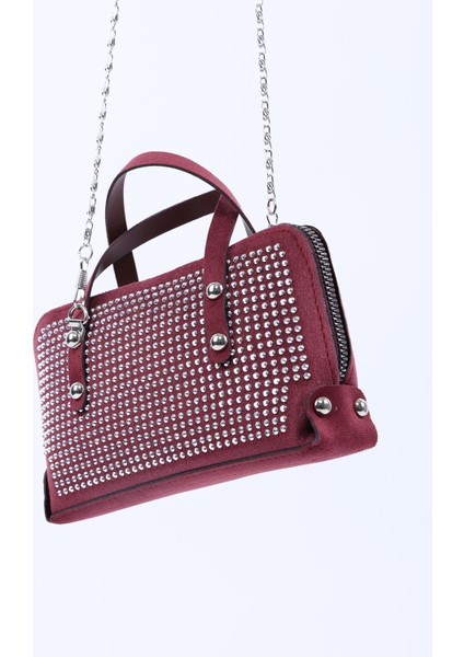 Bordo SHK223 Süet Kumaş Taşlı Mini Boy Fermuarlı Tek Bölmeli Zincirli El. Kol ve Omuz Çantası