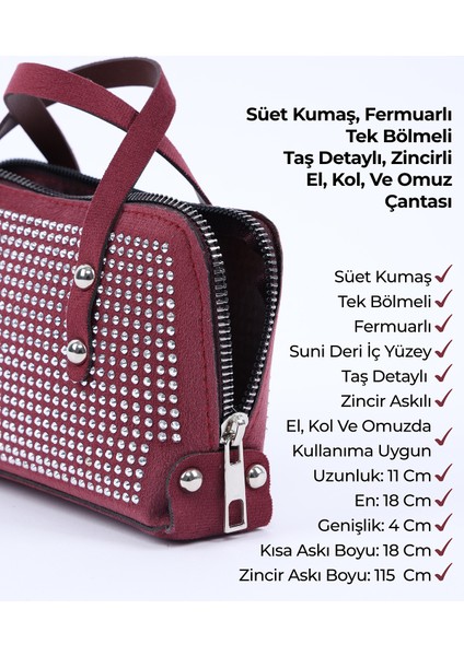 Bordo SHK223 Süet Kumaş Taşlı Mini Boy Fermuarlı Tek Bölmeli Zincirli El. Kol ve Omuz Çantası