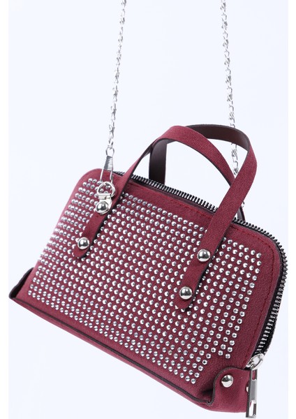 Bordo SHK223 Süet Kumaş Taşlı Mini Boy Fermuarlı Tek Bölmeli Zincirli El. Kol ve Omuz Çantası