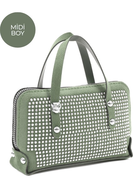 Mint Yeşil SHK223 Süet Kumaş Taşlı Mini Boy Fermuarlı Tek Bölmeli Zincirli El. Kol ve Omuz Çantası fiyatları