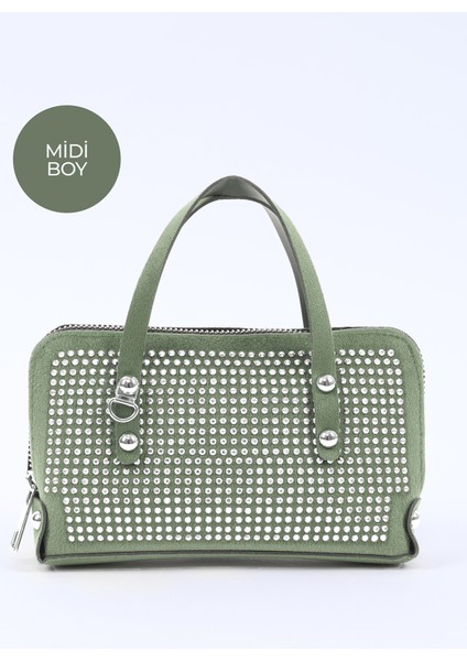 Mint Yeşil SHK223 Süet Kumaş Taşlı Mini Boy Fermuarlı Tek Bölmeli Zincirli El. Kol ve Omuz Çantası modelleri