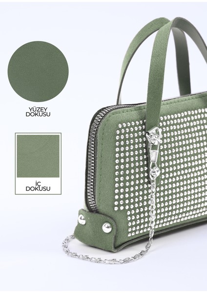 Mint Yeşil SHK223 Süet Kumaş Taşlı Mini Boy Fermuarlı Tek Bölmeli Zincirli El. Kol ve Omuz Çantası indirimleri