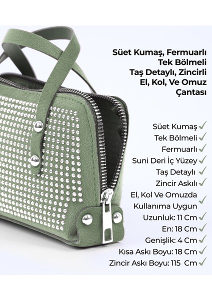 Mint Yeşil SHK223 Süet Kumaş Taşlı Mini Boy Fermuarlı Tek Bölmeli Zincirli El. Kol ve Omuz Çantası